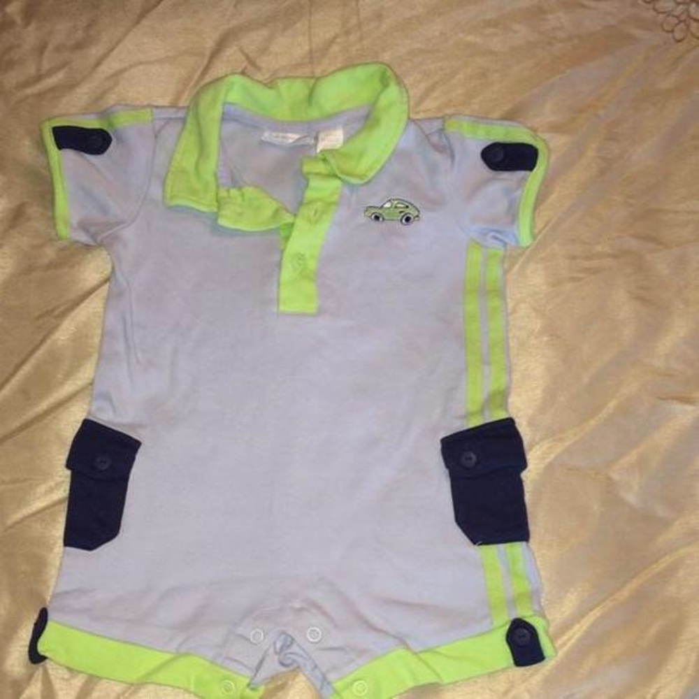 First Impressions Light Blue and Neon Green Polo Romper with Navy Accents